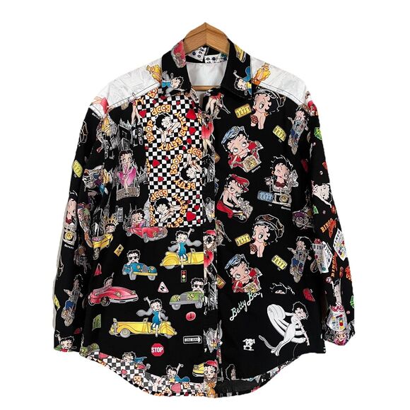 VTG Betty Boop Novelty Bingo Vegas NYC Cotton Button down Long Sleeve Blouse M/L - Picture 1 of 16